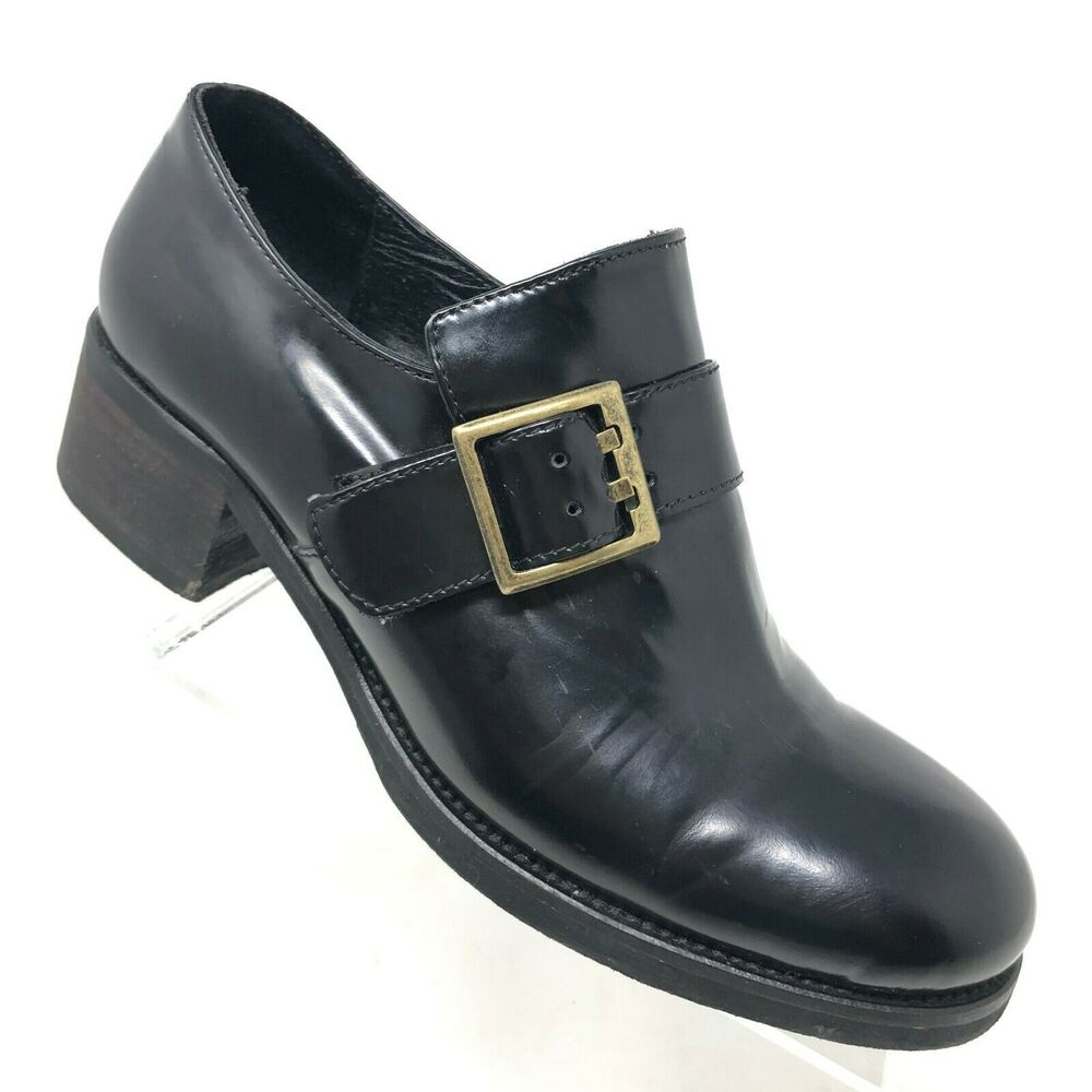 Vintage Black Patent Leather Loafers Women's 6 Chunky Heel Punk Retro 90s‎ Eden